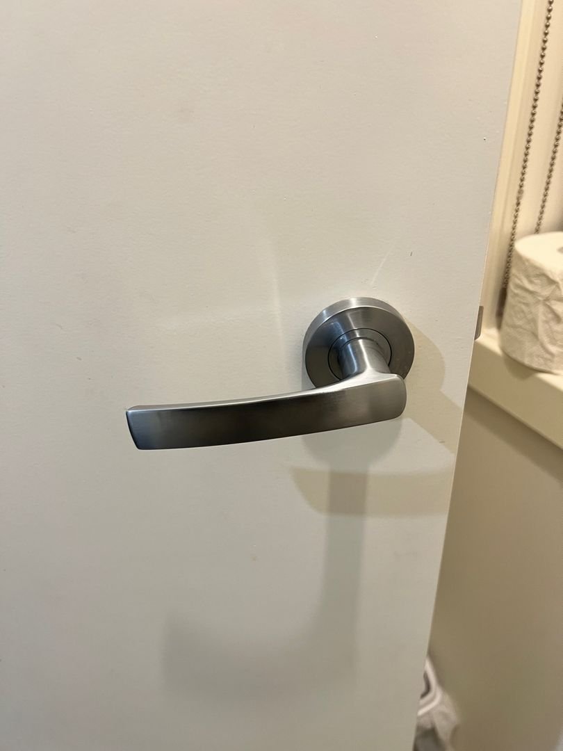 White door with modern stainless steel lever-style handle