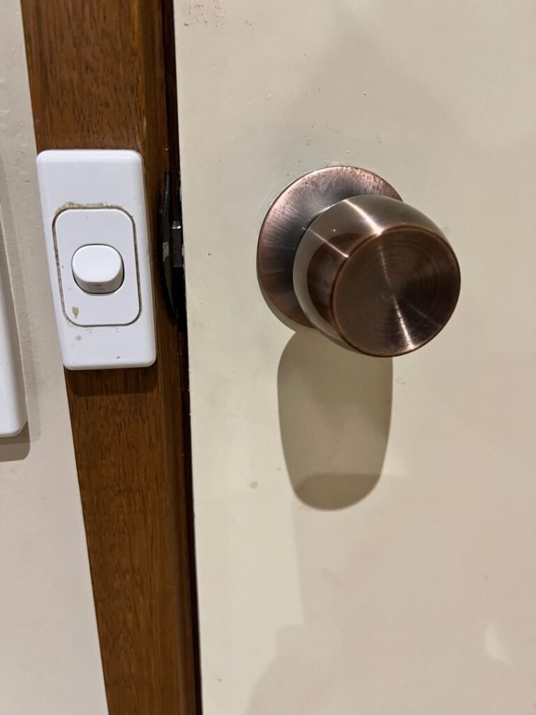 Metallic door knob and white doorbell button on a wooden-framed door