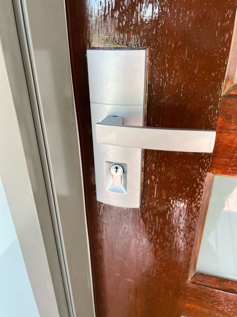 Close-up of a modern metallic door handle and lock on a wooden door