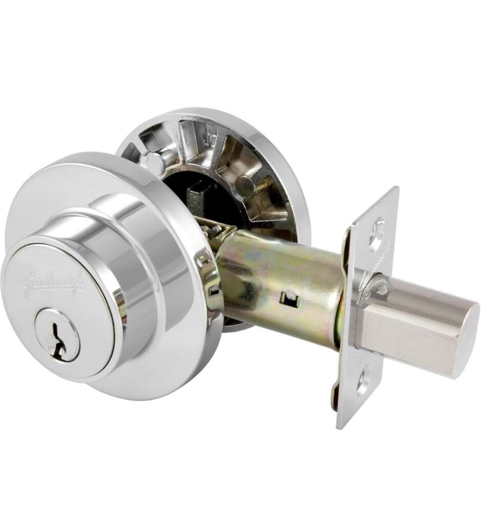 Gainsborough single cylinder deadbolt lock in chrome finish showing exterior and interior components