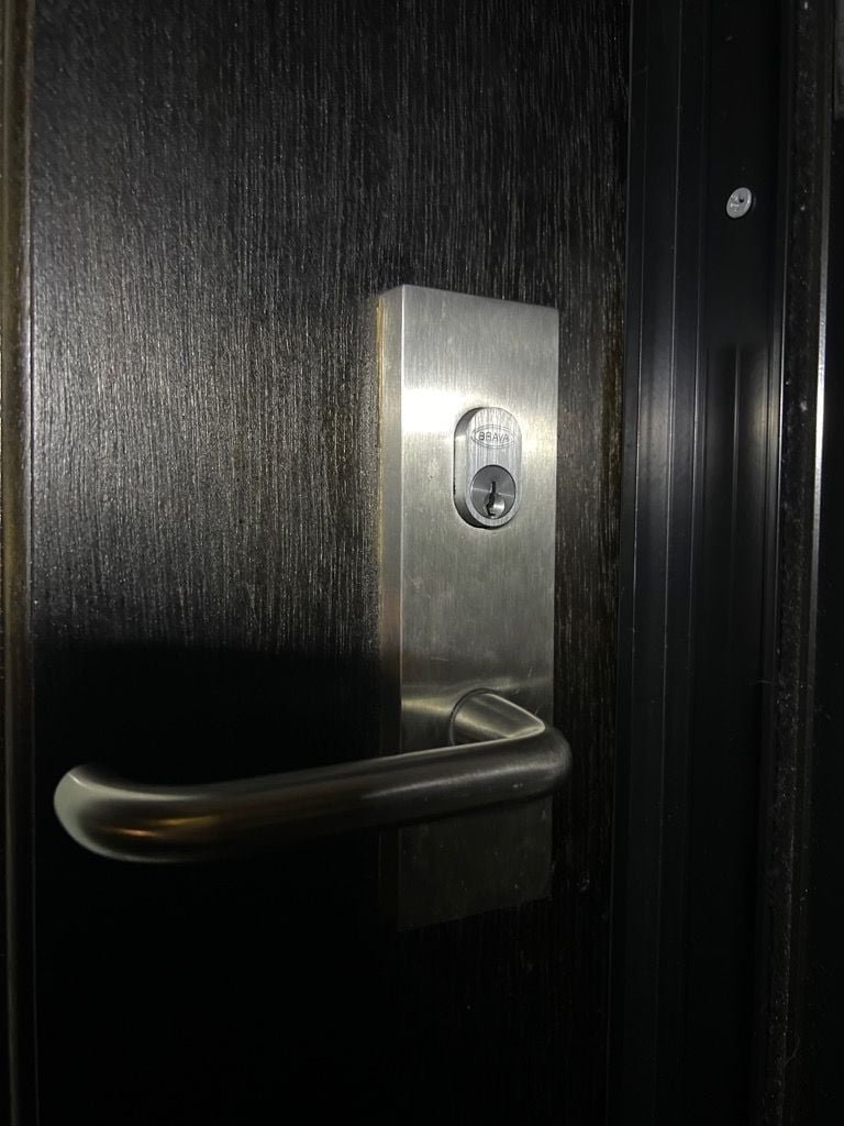 Close-up of a metallic door handle and lock on a dark-finished door.