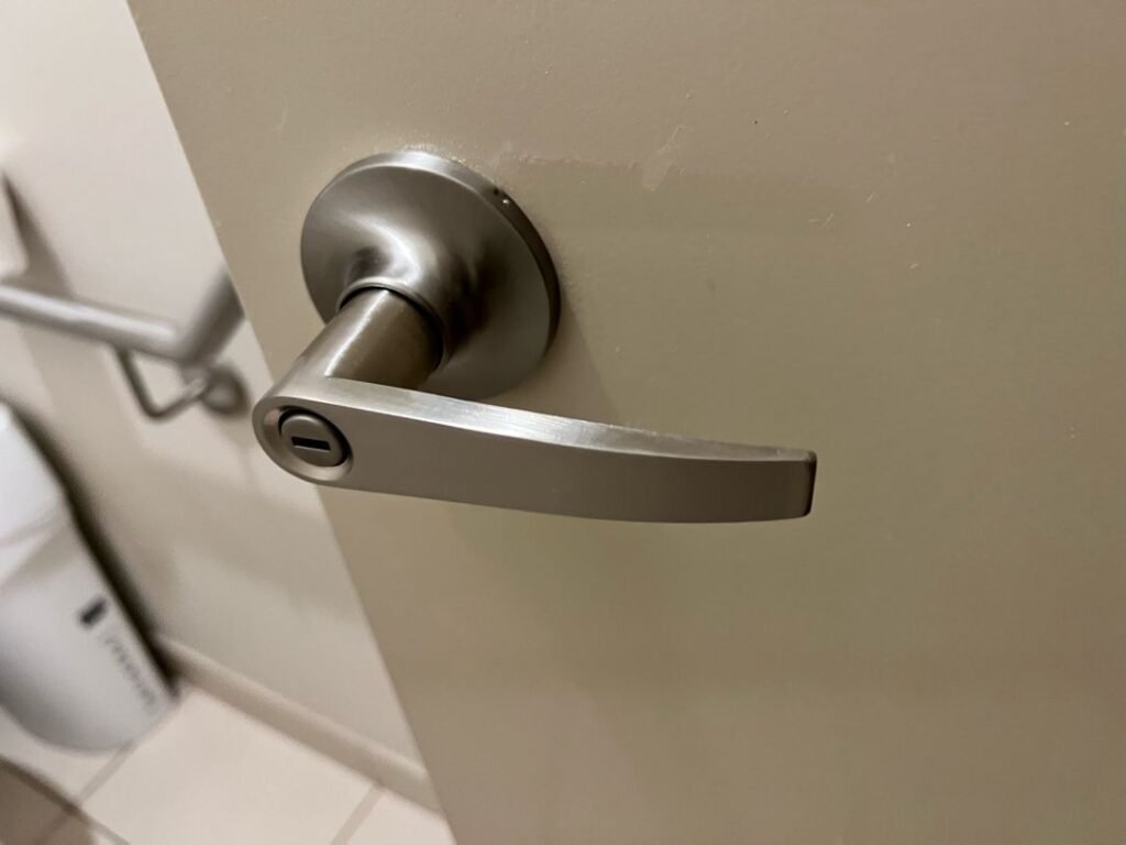 Close-up of a metallic privacy lever handle on a door with an accessible grab bar in the background.