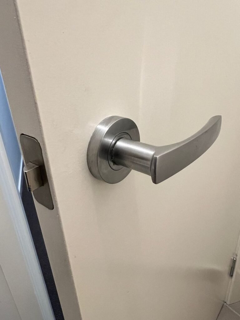 Close-up of a newly installed metallic door handle on a white door