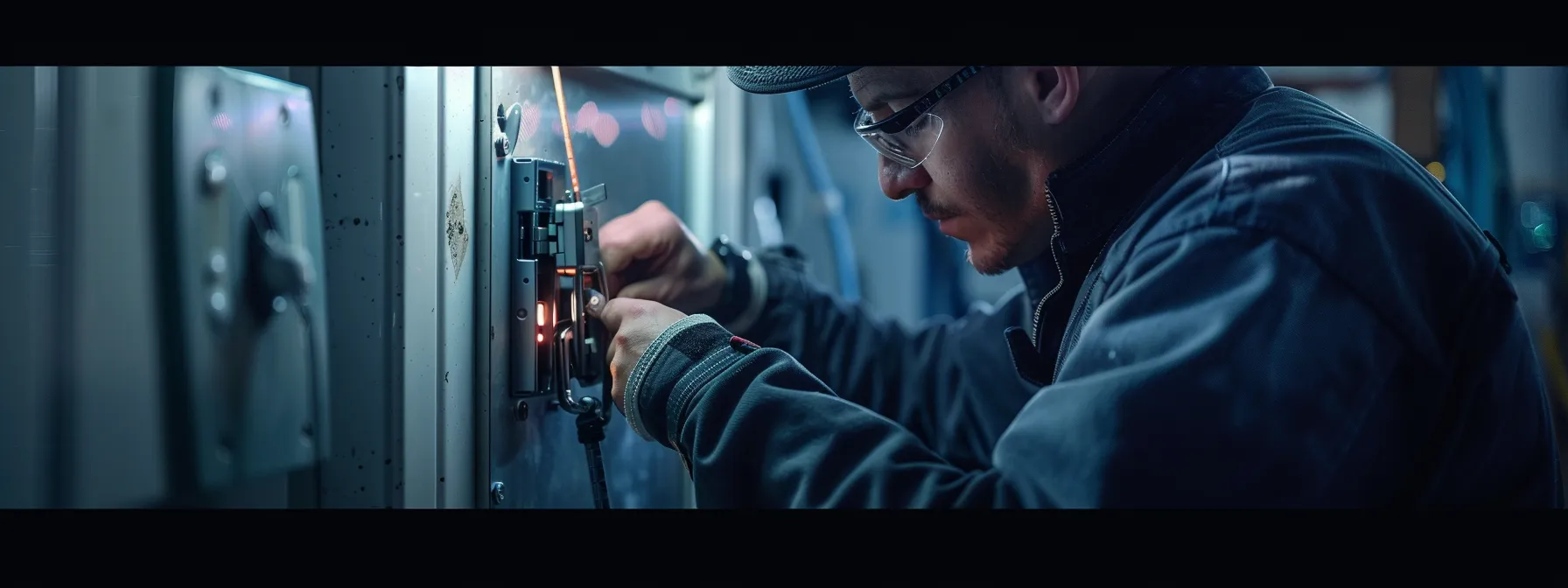 a locksmith installing a high-security lock on a commercial door.