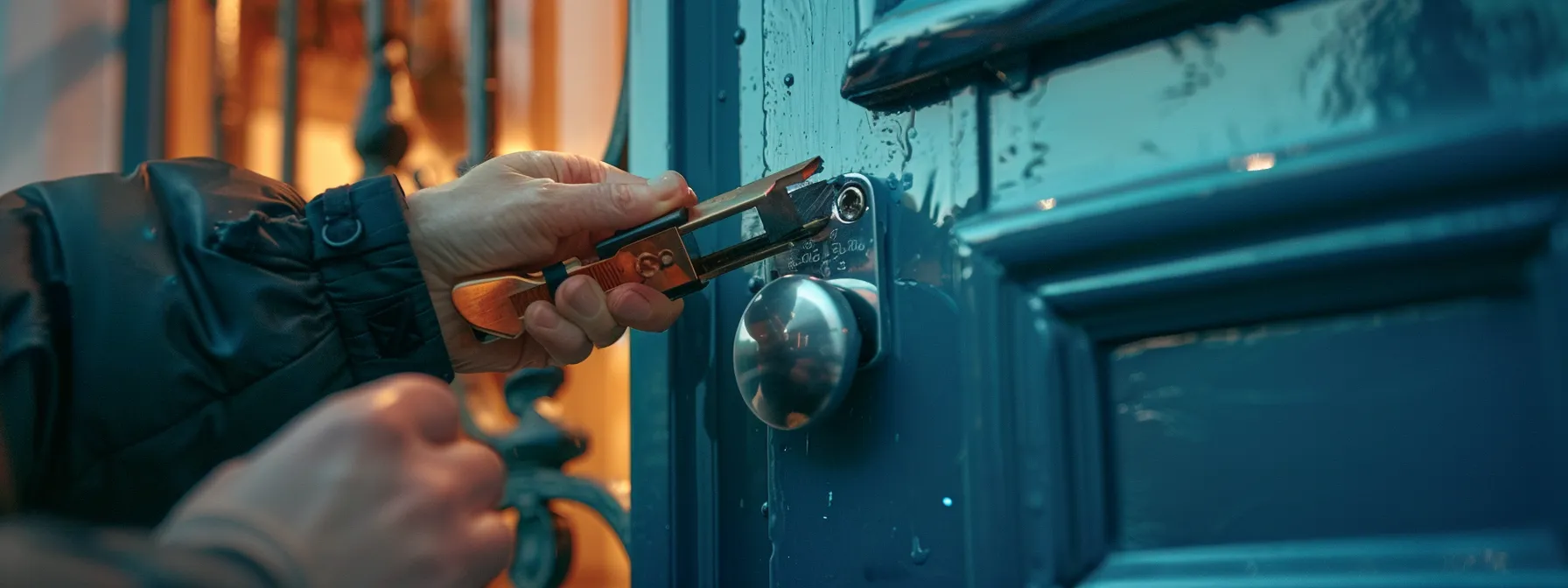 a locksmith using specialized tools to open a locked door without causing damage.