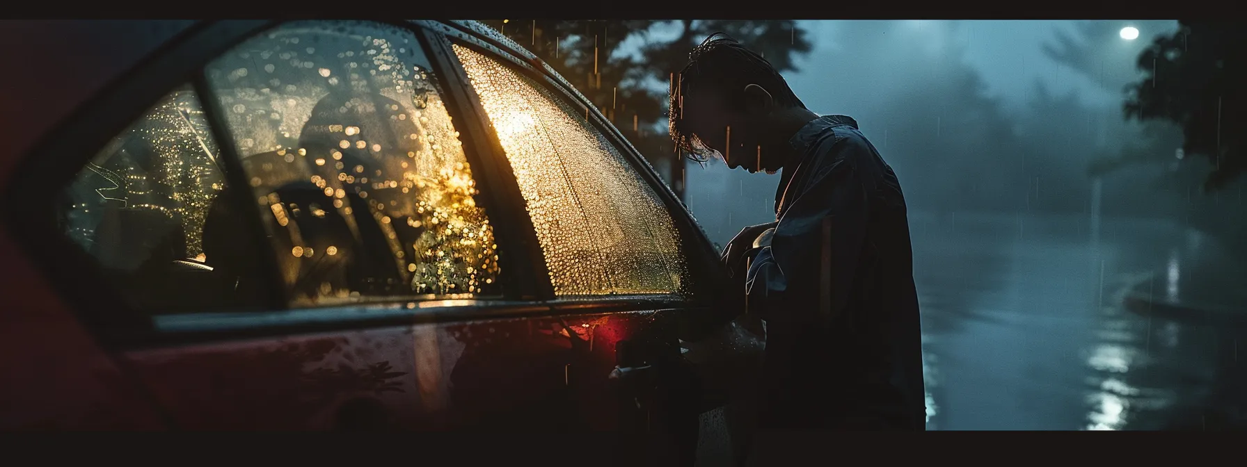 a person standing next to a locked car, looking frustrated and trying to peer inside through the window.