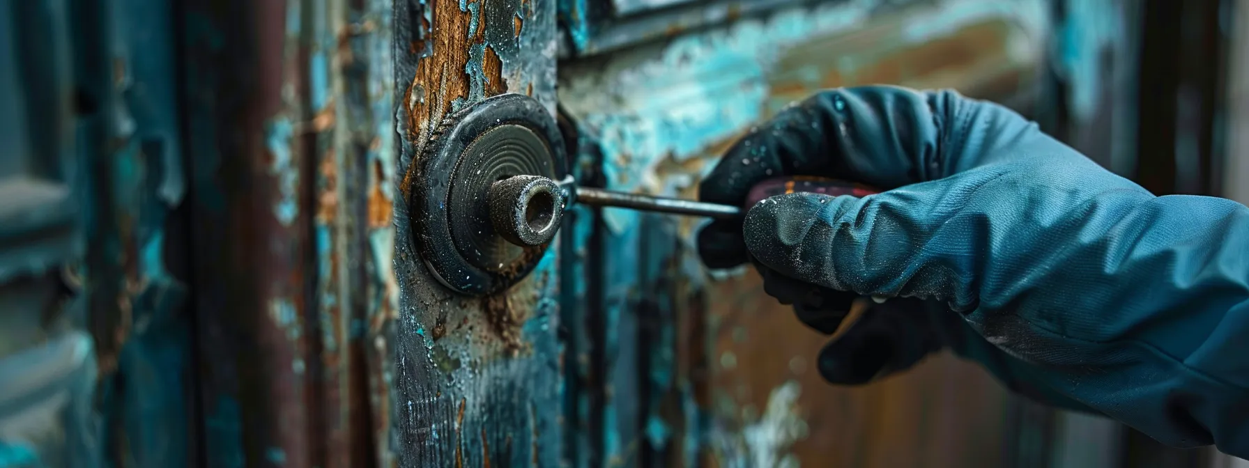 a person cleaning and lubricating a lock on a door to prevent future repairs.