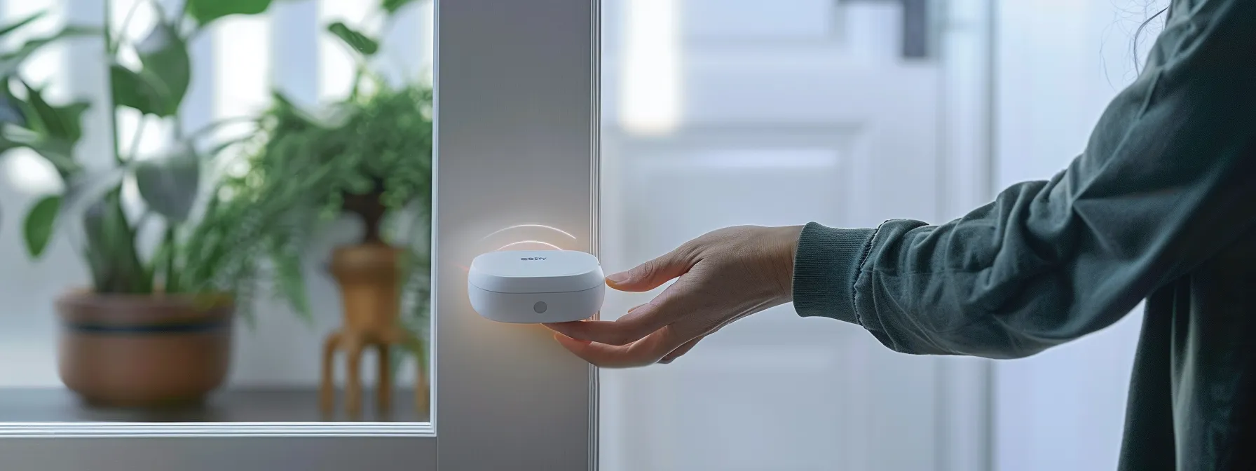 a person placing a wi-fi extender near a smart lock to enhance signal strength.