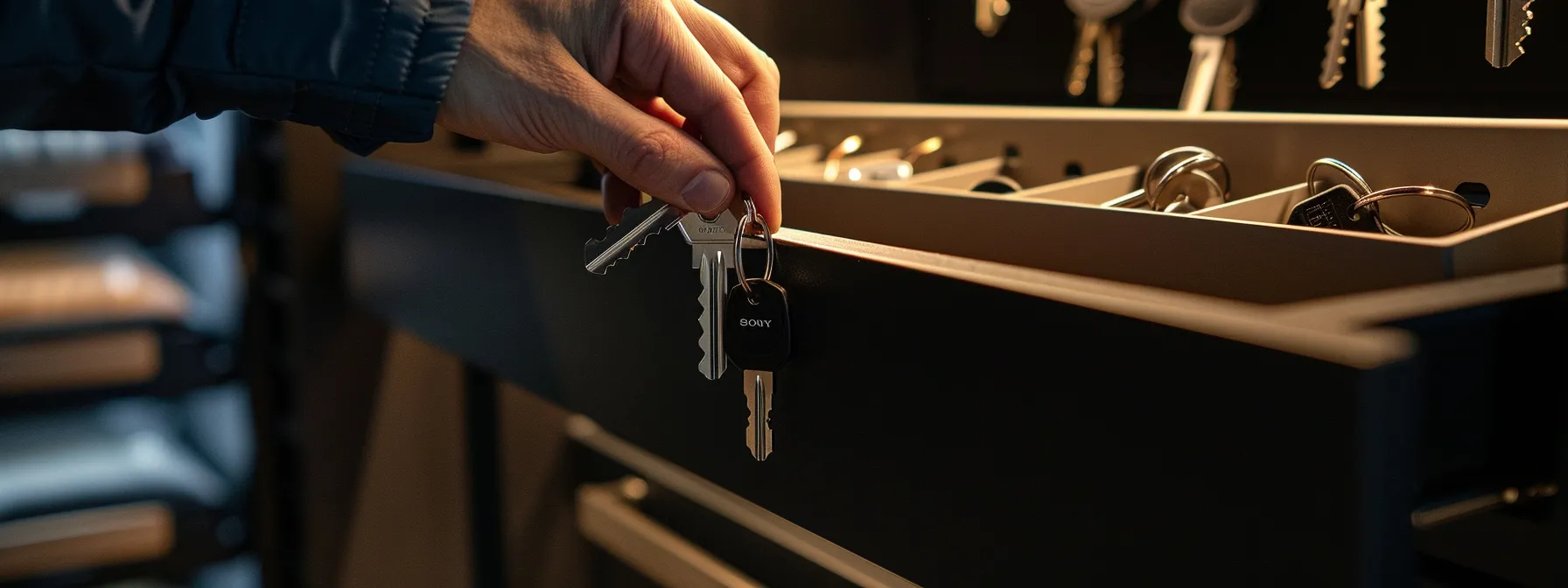 a person placing spare keys in a secure location next to a reminder system and organized key management setup.