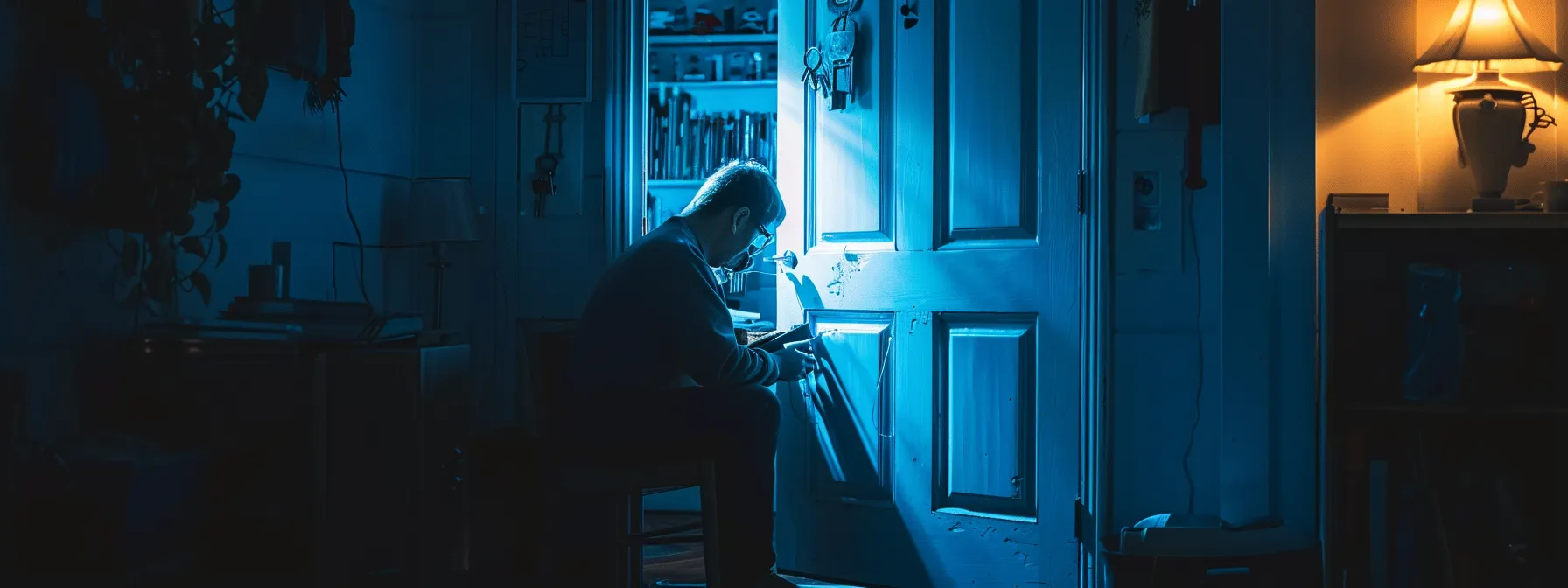 a locksmith changing locks on a door in the middle of the night.