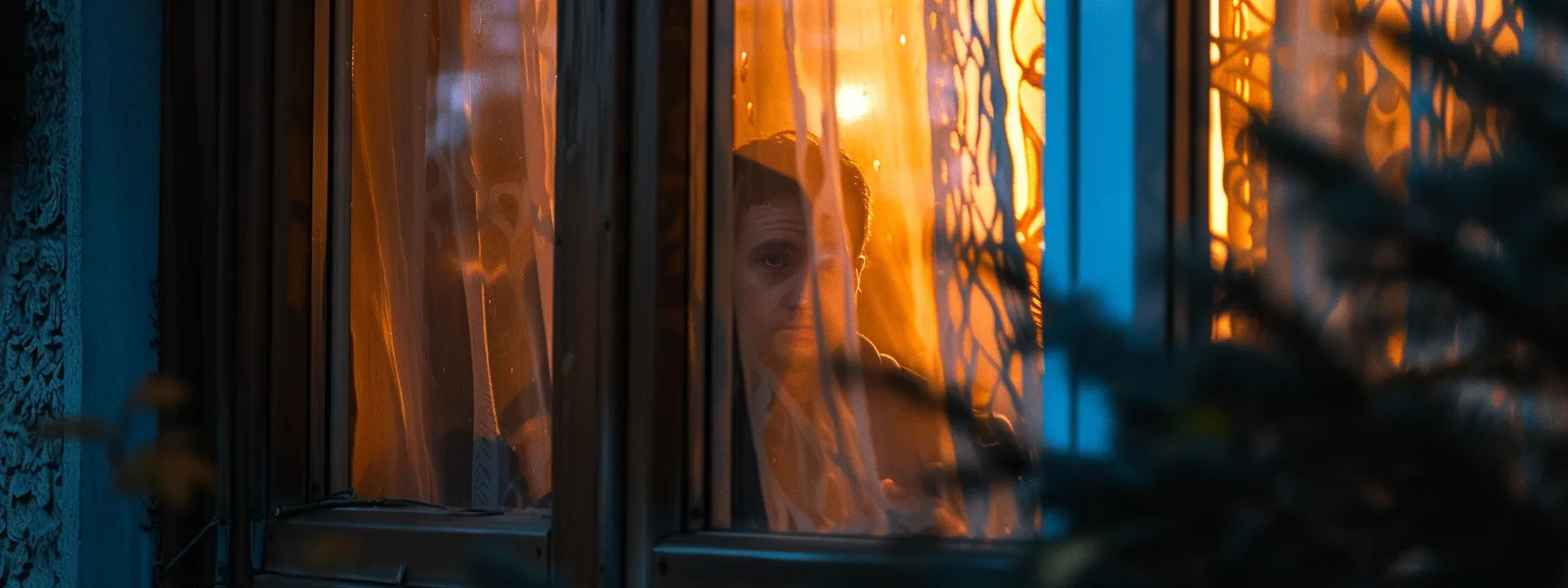 a person peering through a window, trying to find a way into their locked house.