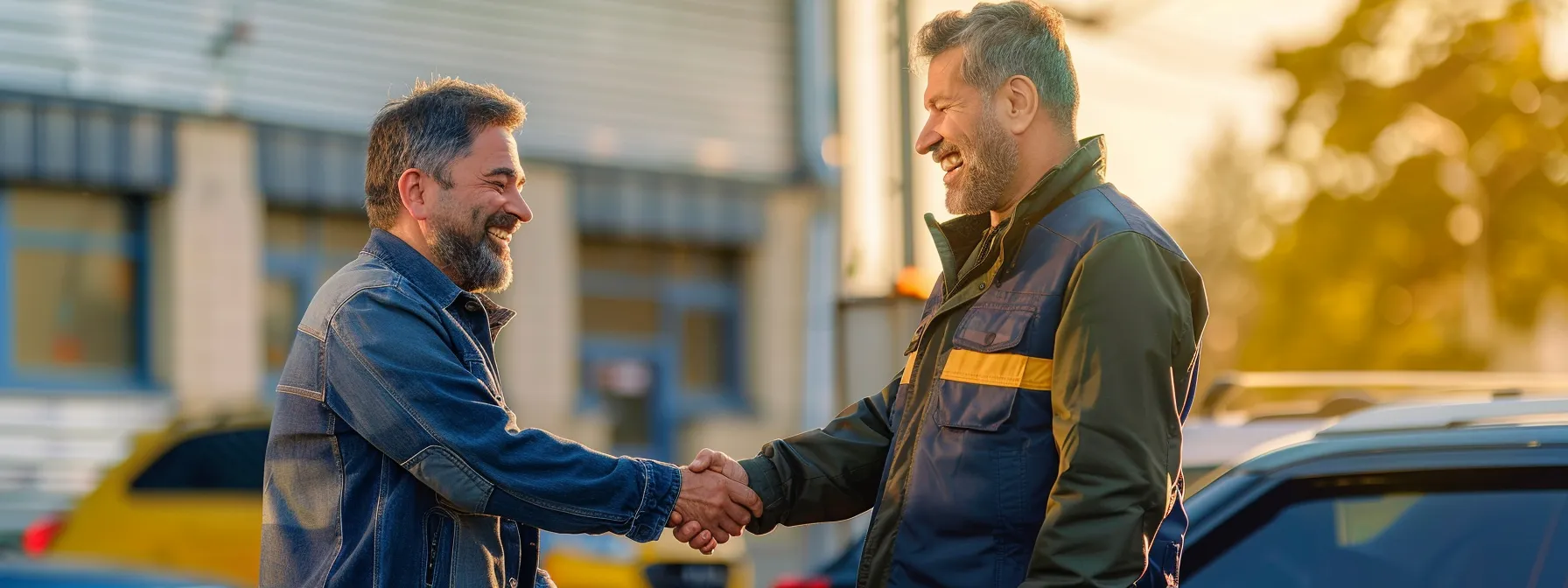 a happy customer smiling and shaking hands with the locksmith after successful car lock installation.