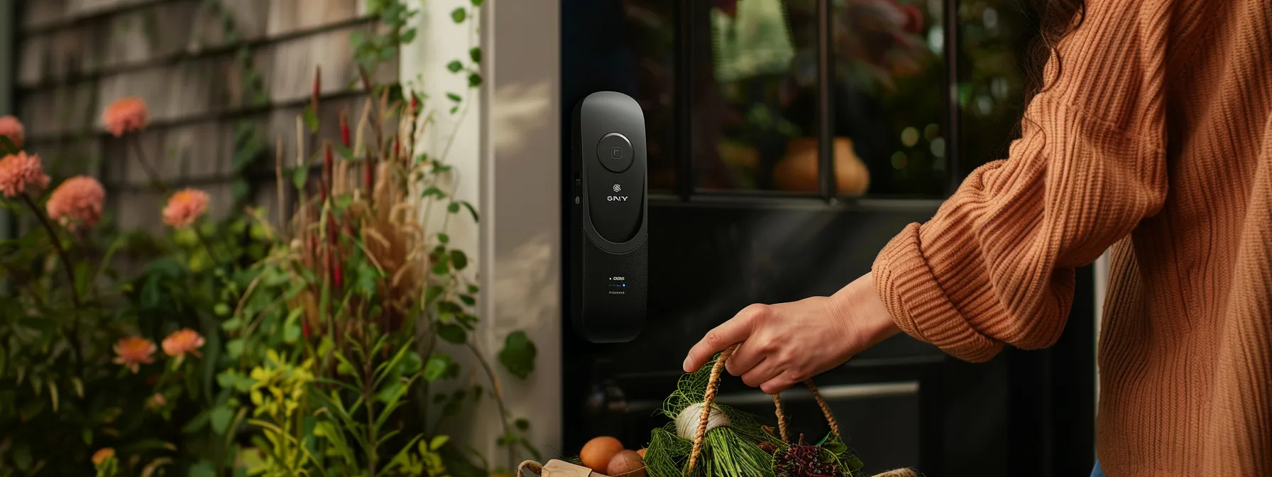 a person unlocks their smart lock with a code while holding groceries in their arms.