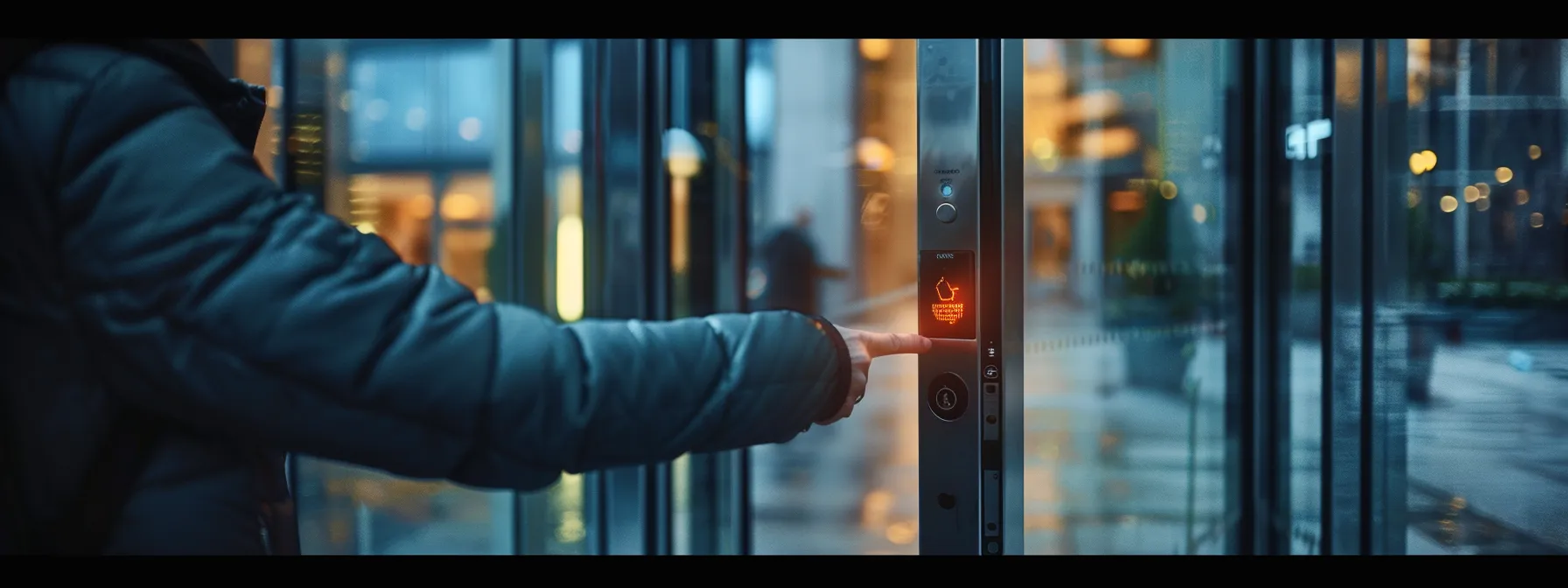 a person confidently entering a building by simply pressing a button to unlock the door.