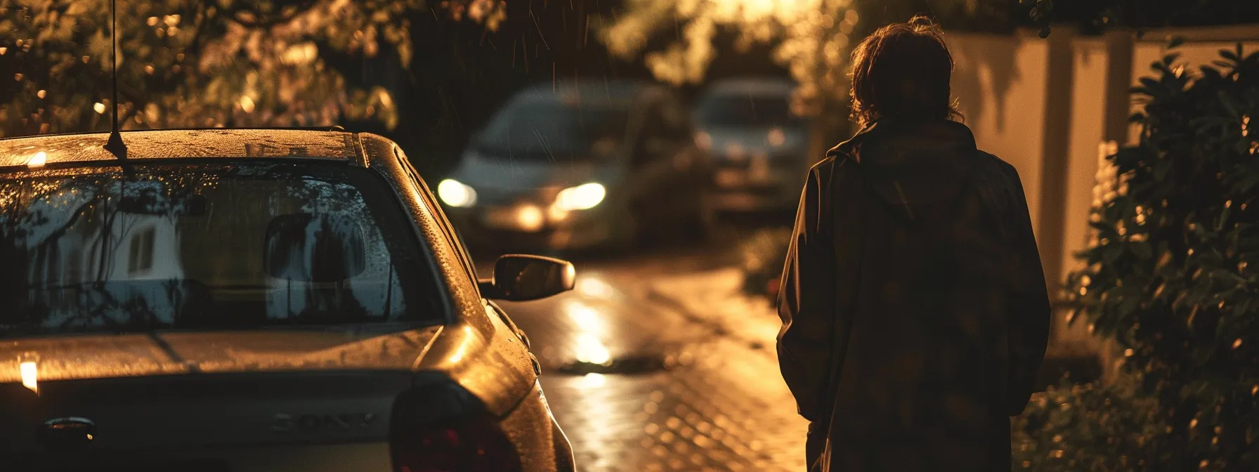 a person standing outside a locked car, looking around for help.