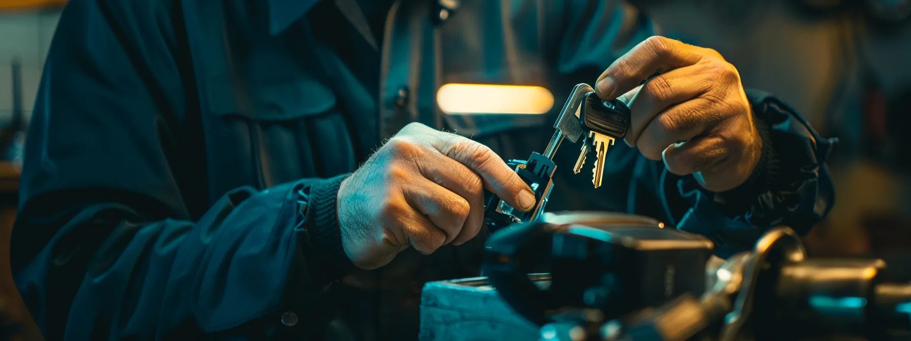 a locksmith using specialized equipment to clone a car key.