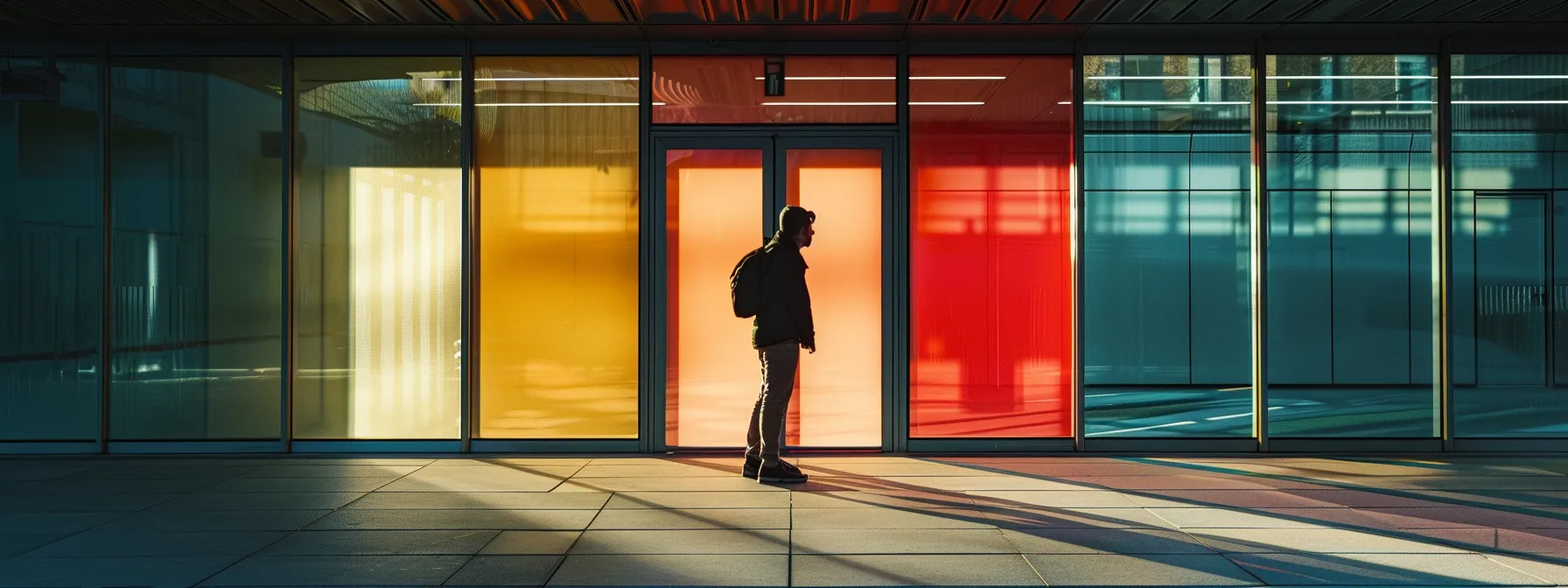 person standing outside a locked office door, assessing the situation calmly.