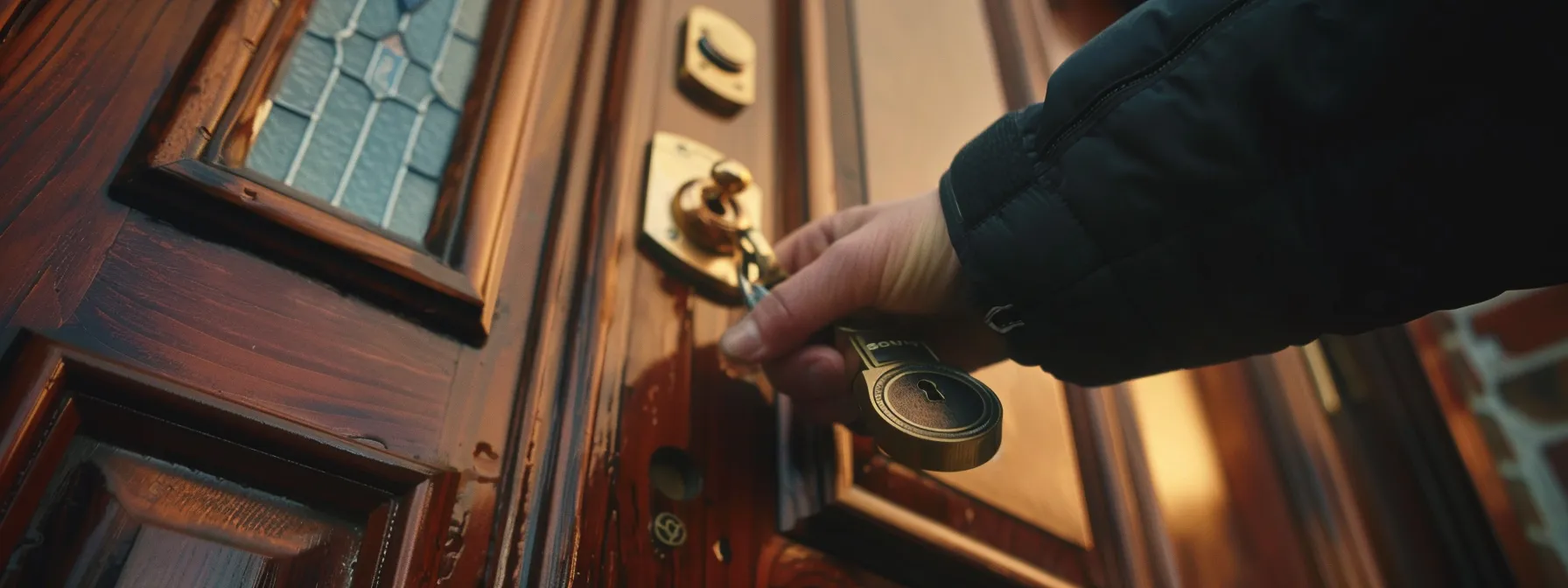 a locksmith installing a high-security lock on a front door of a residential property.