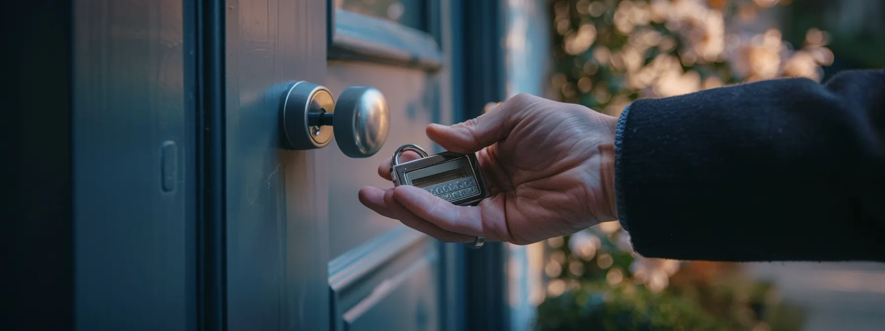 a locksmith replacing a commercial lock on a local business storefront.