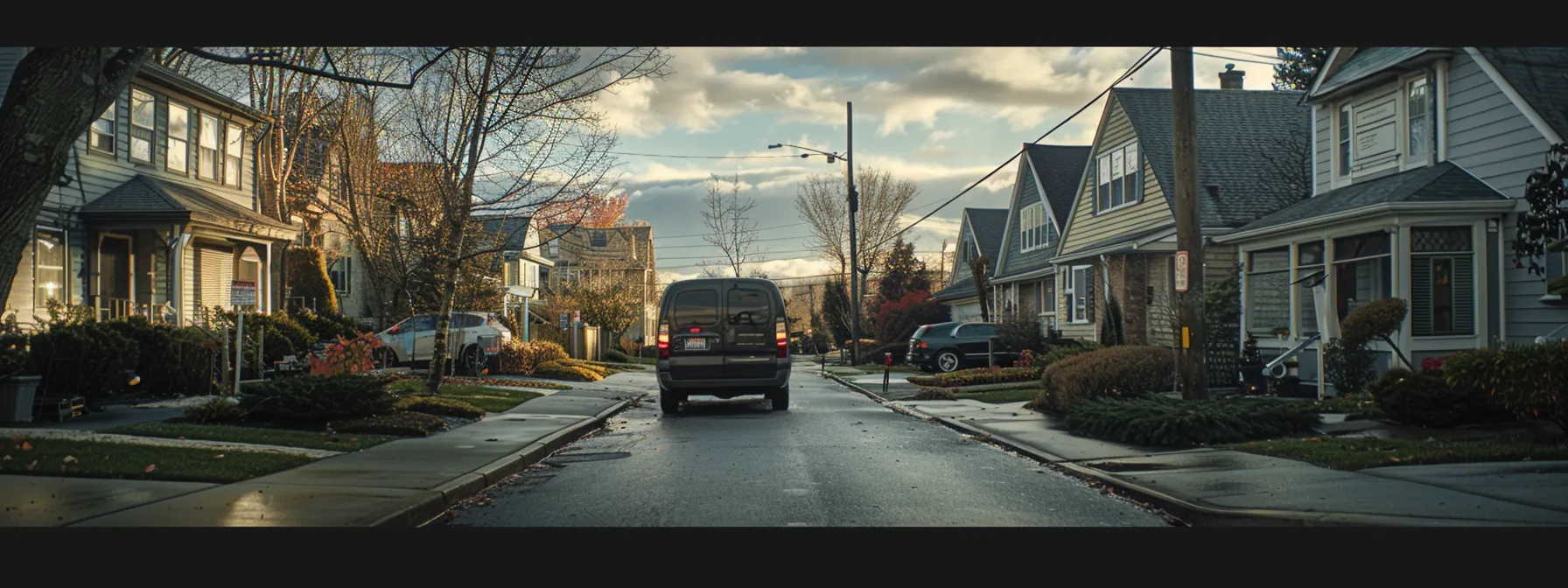 a locksmith driving in a marked van through a residential neighborhood.