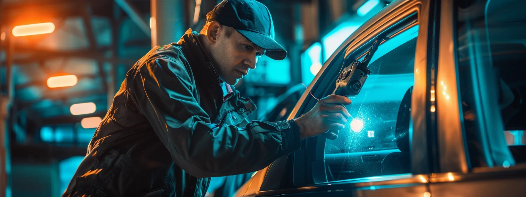 a mobile auto locksmith swiftly unlocking a car door for a customer in distress.