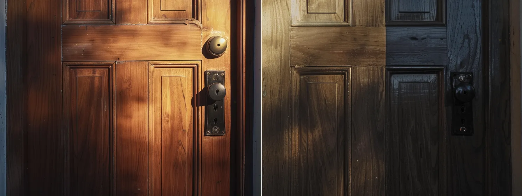 a person comparing traditional and electronic locks on a wooden door.