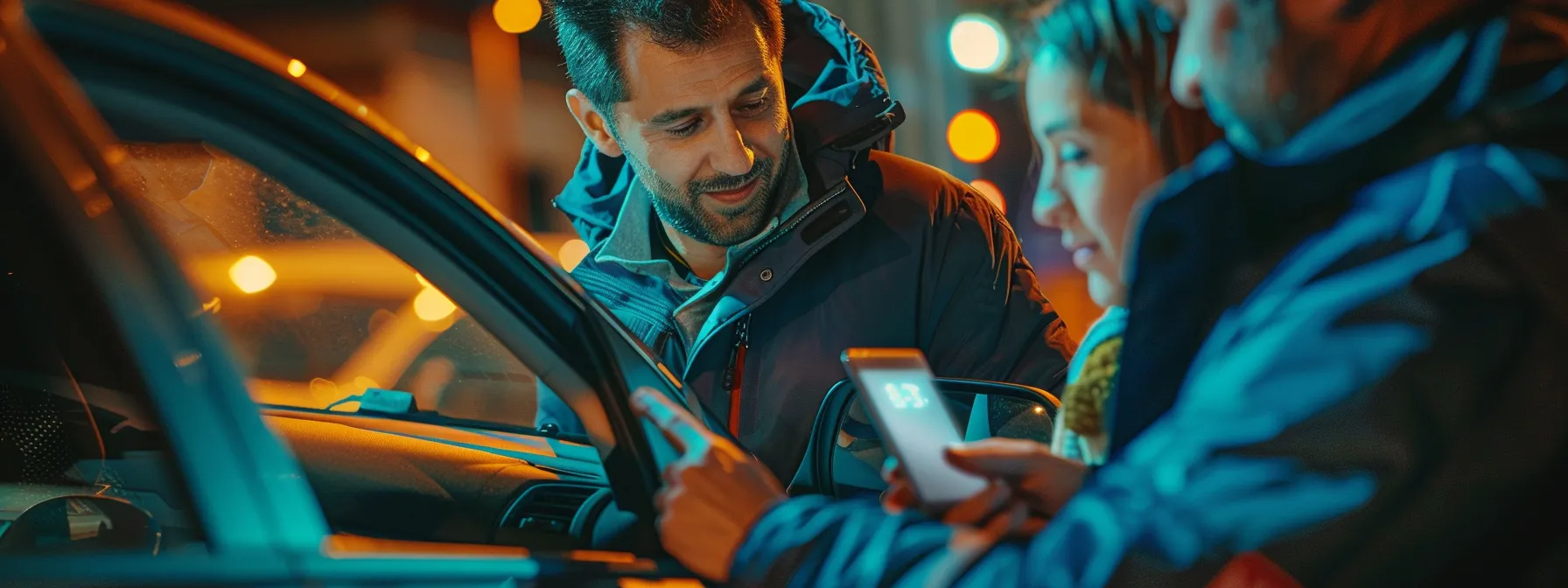 a mobile auto locksmith showing a customer a list of their services and pricing.