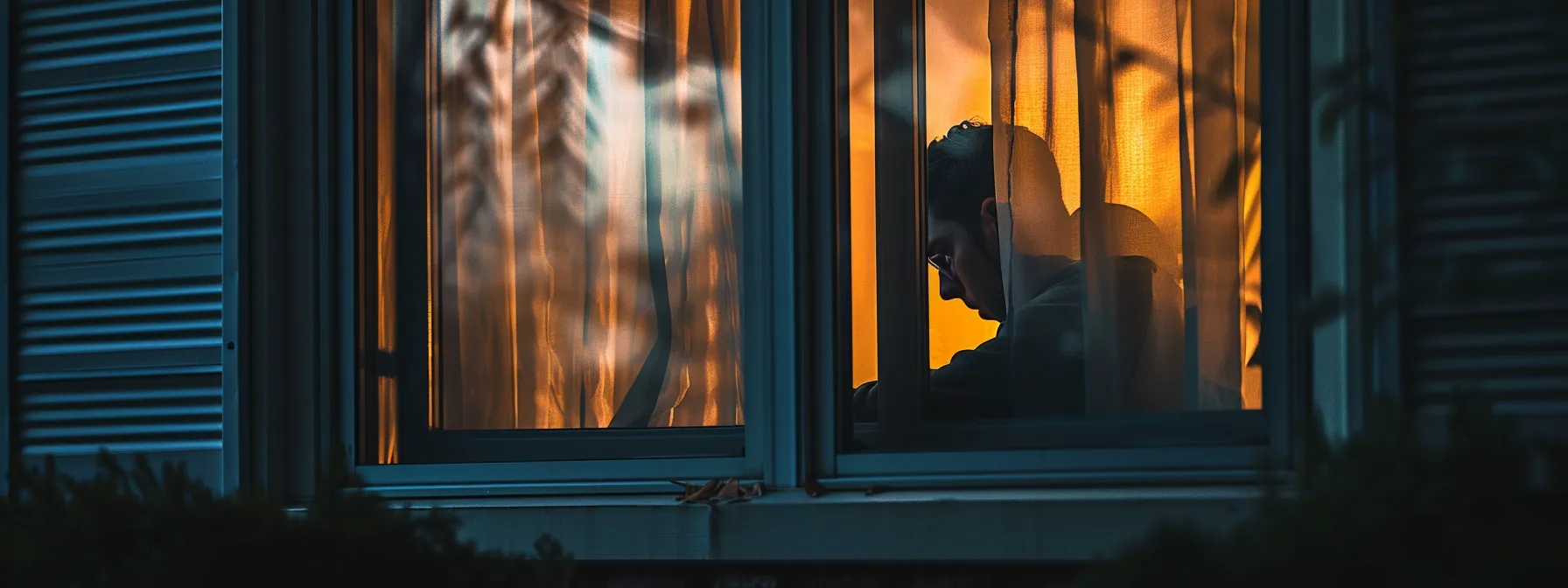 a person locked out of their house looking through a window, trying to figure out a solution.