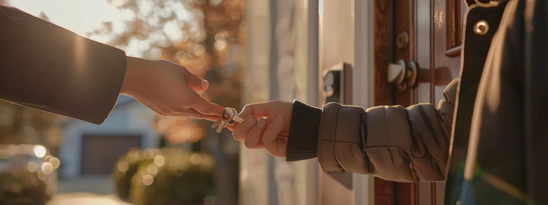 a person handing a spare key to a neighbor while standing in front of a smart lock on a door.