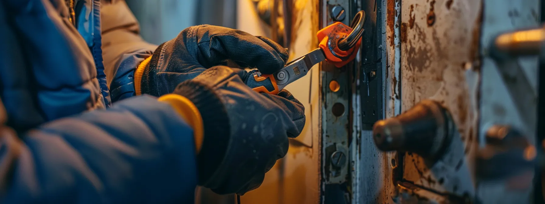 a locksmith assessing and repairing a damaged lock with tools in hand.