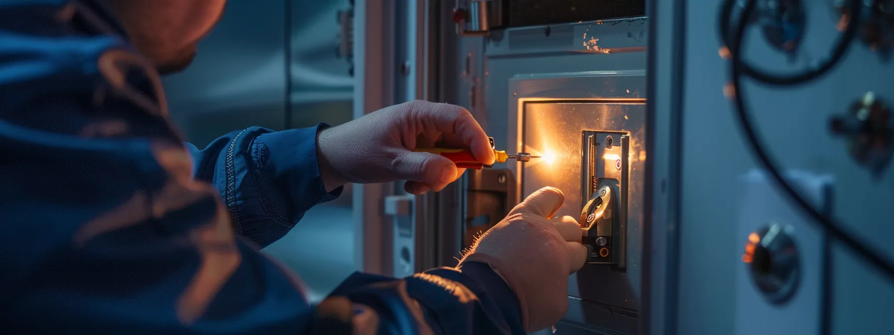 a professional locksmith carefully opening a safe with advanced tools and equipment.