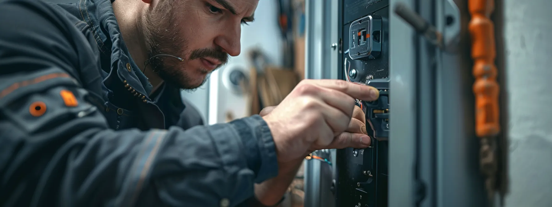 a locksmith installing a high-tech smart lock on a commercial door.