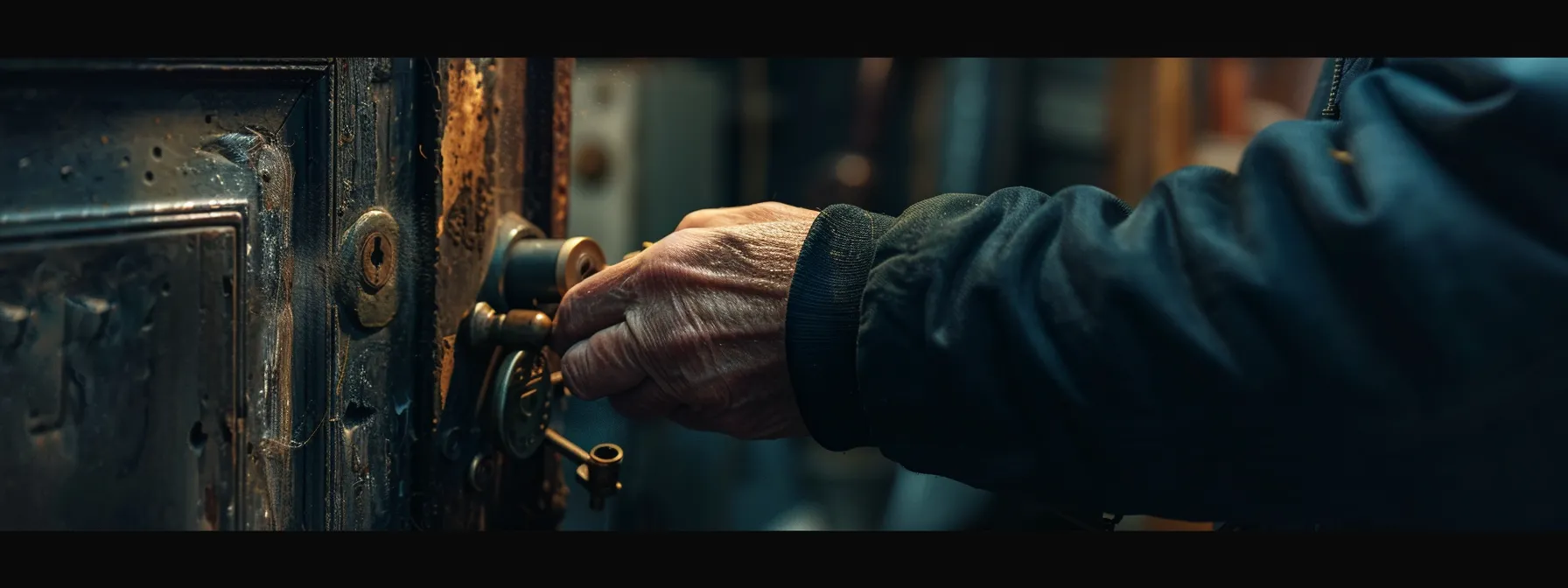 a locksmith using specialized tools to extract a broken key from a door lock.