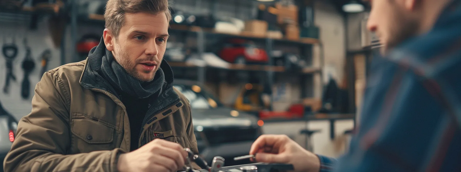 a man talking to a locksmith while looking at different car keys on a table.