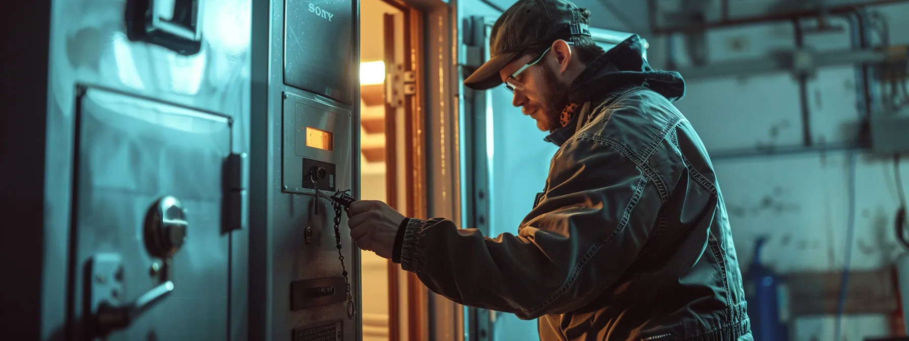 a locksmith standing outside a locked safe, ready to provide immediate support.