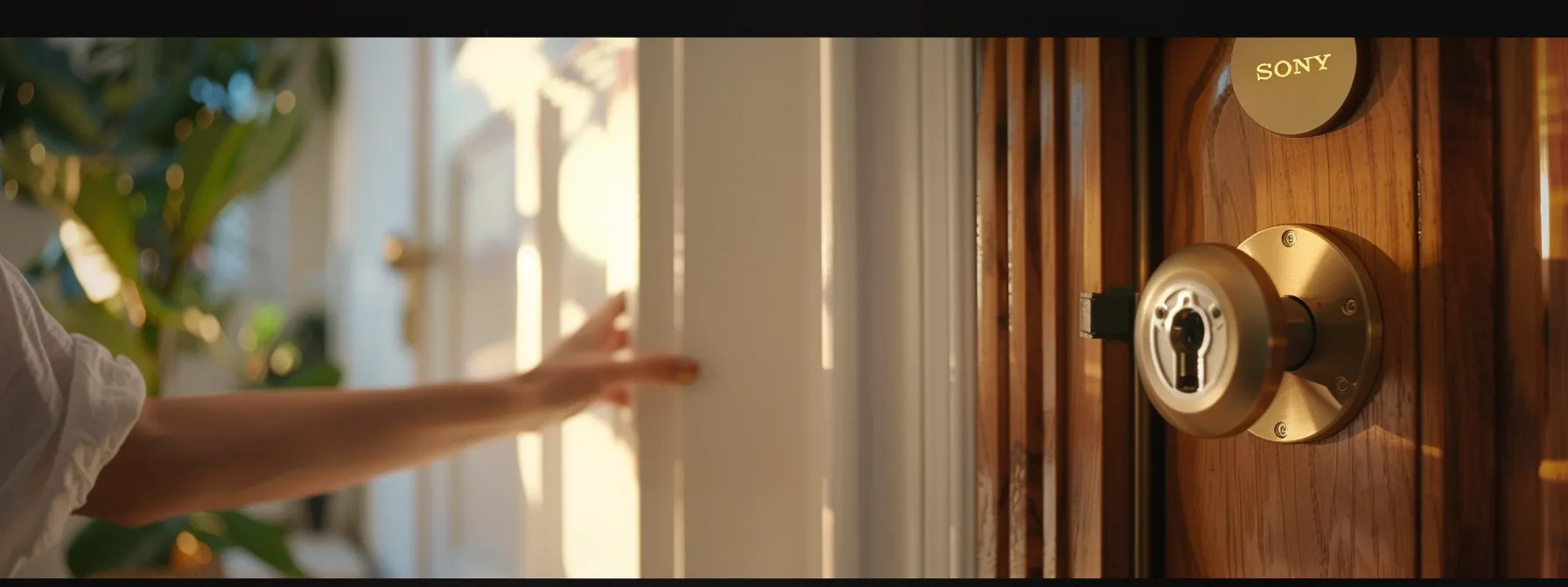 a person comparing a traditional lock to a modern smart lock on a door.