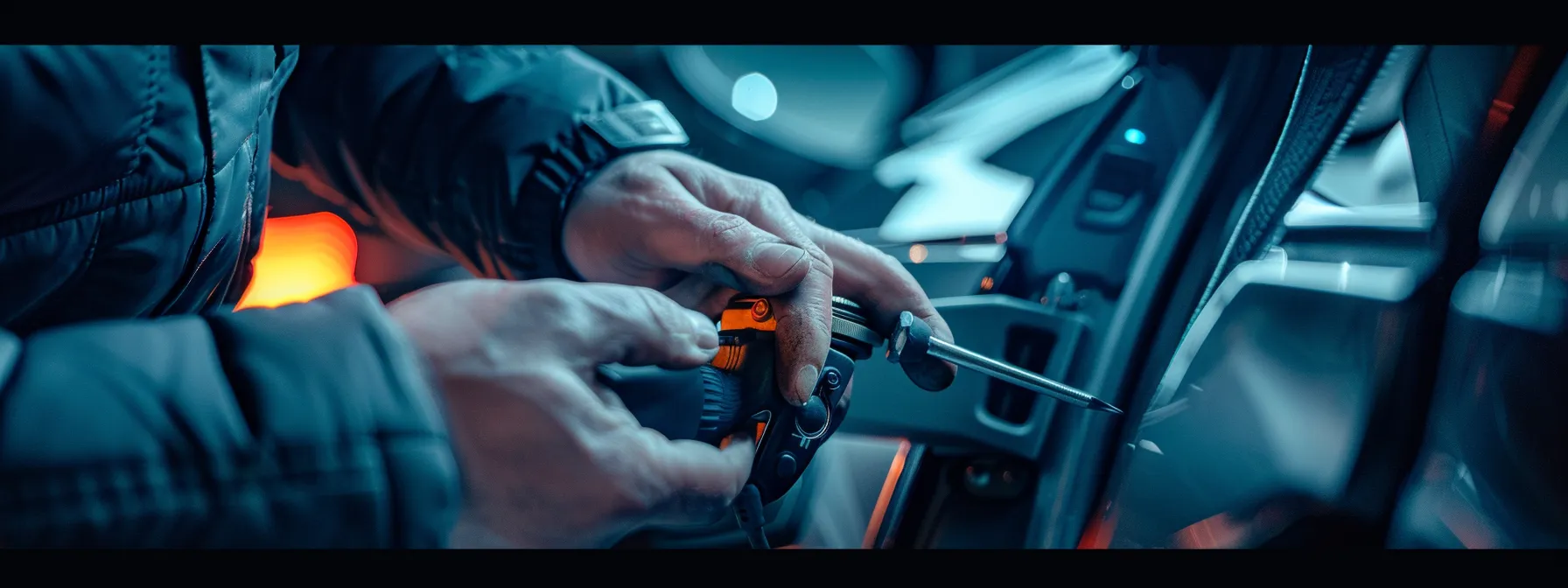 a locksmith using specialized tools to unlock a car door during an emergency lockout situation.