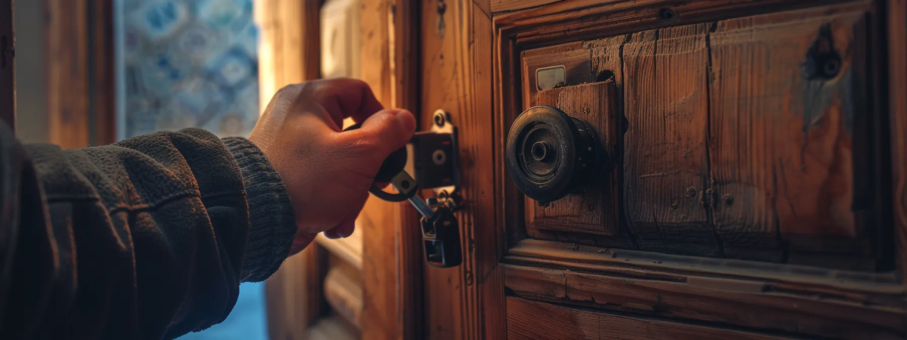 a person installing a new lock on a wooden door.