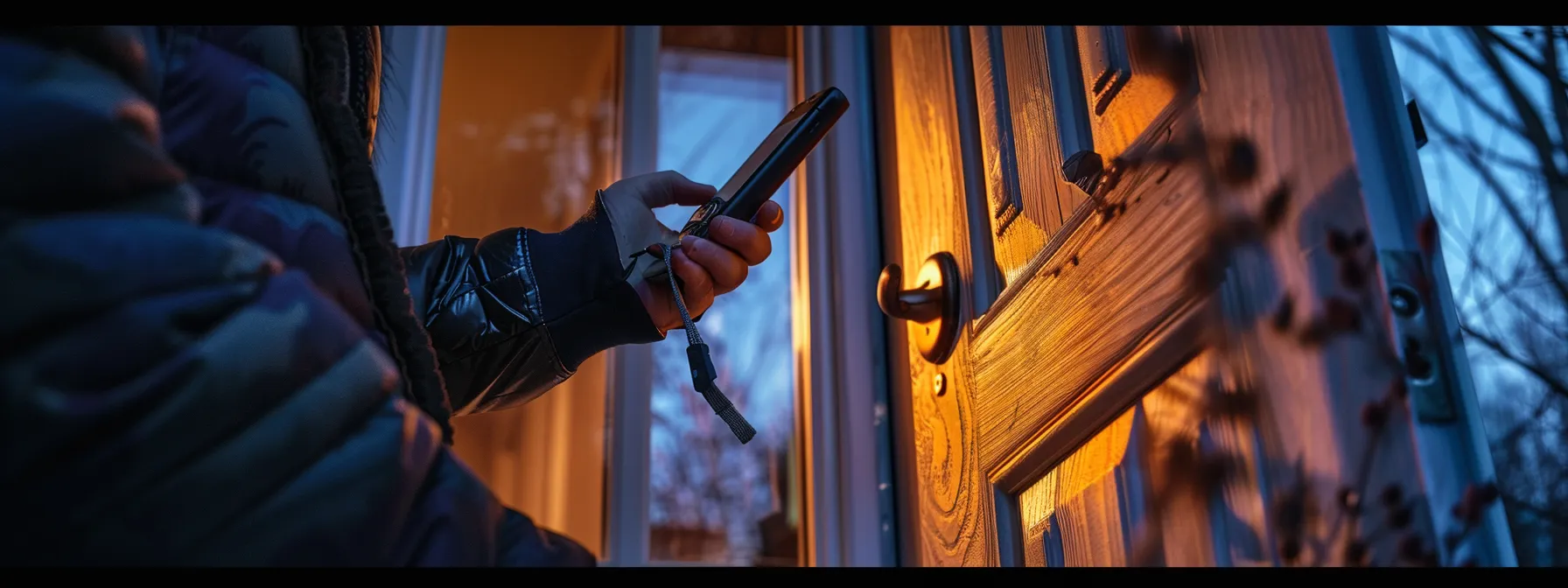 a person inspecting a damaged lock on a door and making a phone call for assistance.