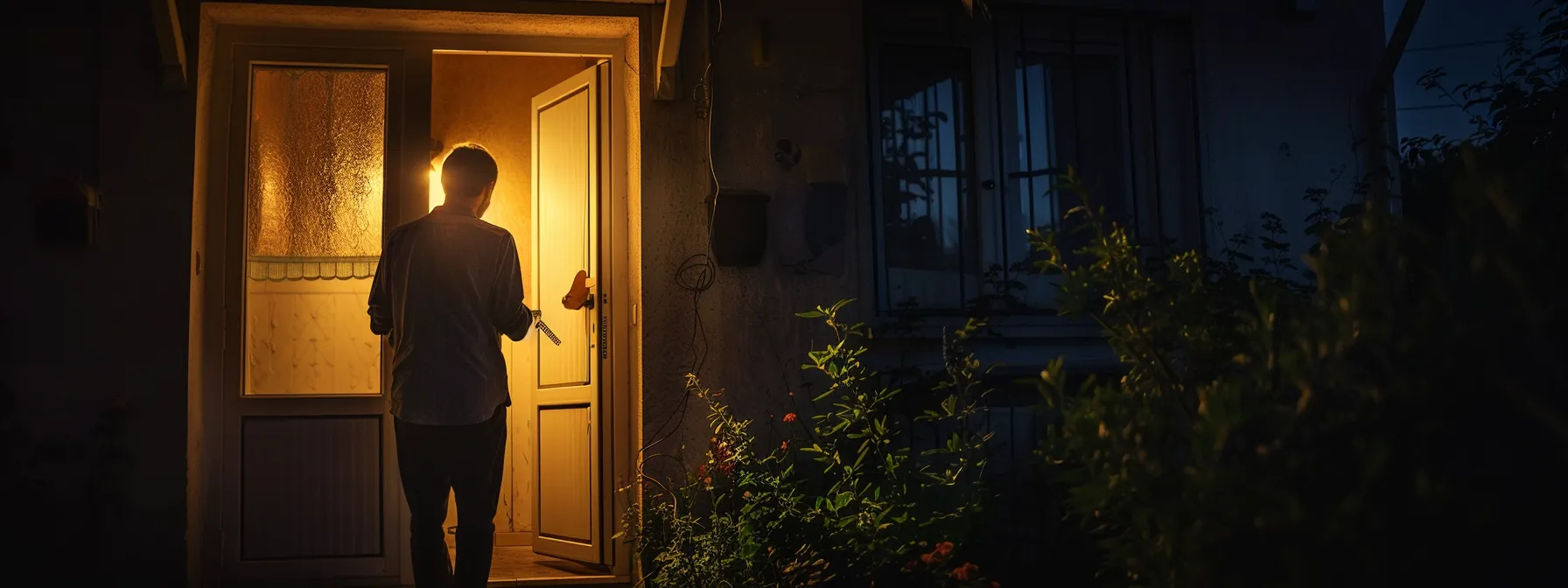 a person standing outside their home in the dark, looking frustrated and trying to open the door with a broken key.