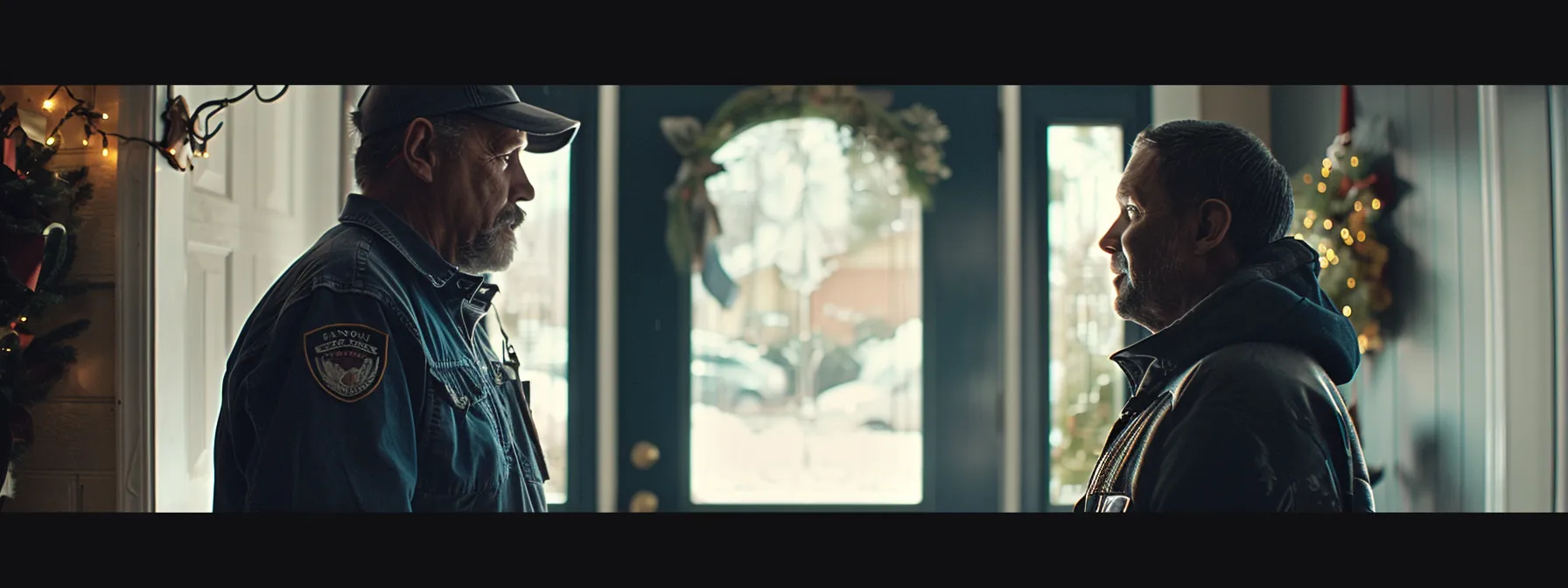 a residential locksmith discussing services with a client at a front door.