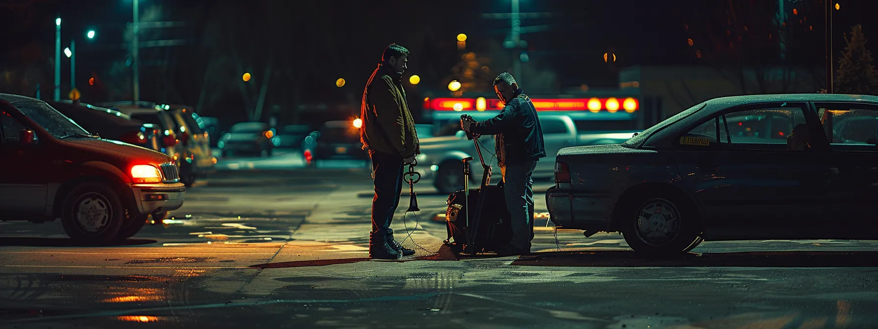 a locksmith assisting a distressed car owner in a dimly lit parking lot.