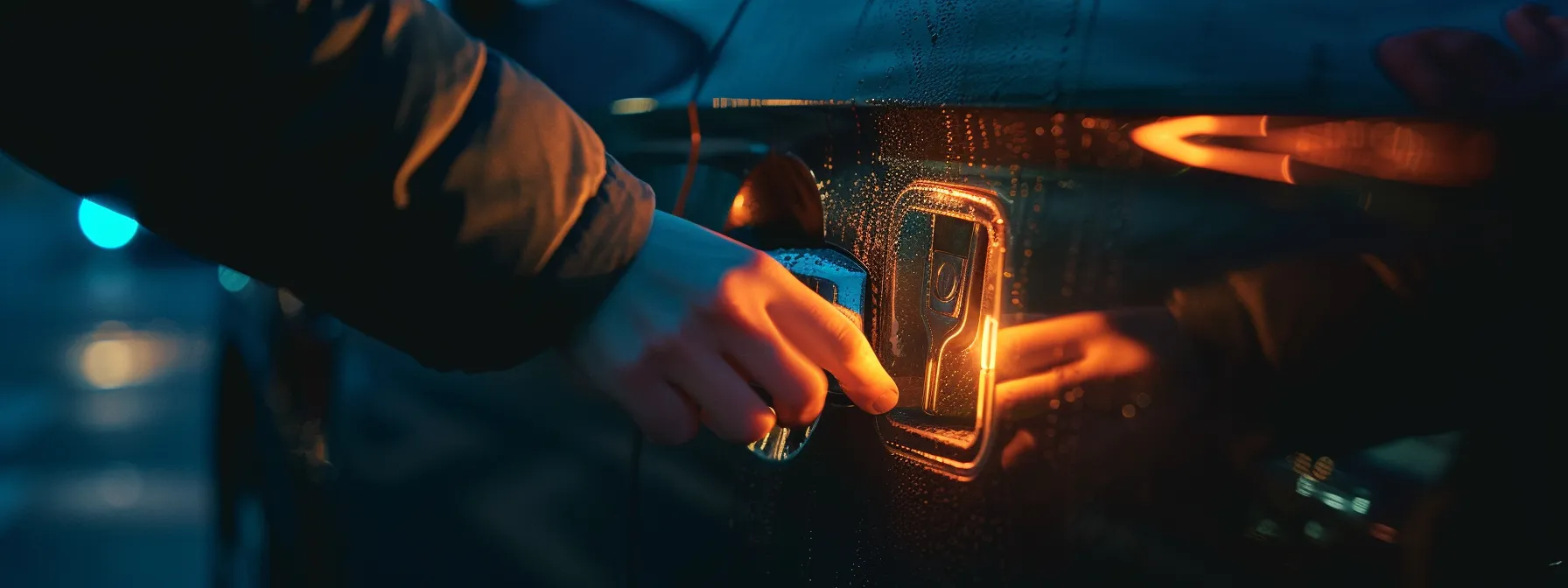 a person examining a car door lock for signs of wear and damage.