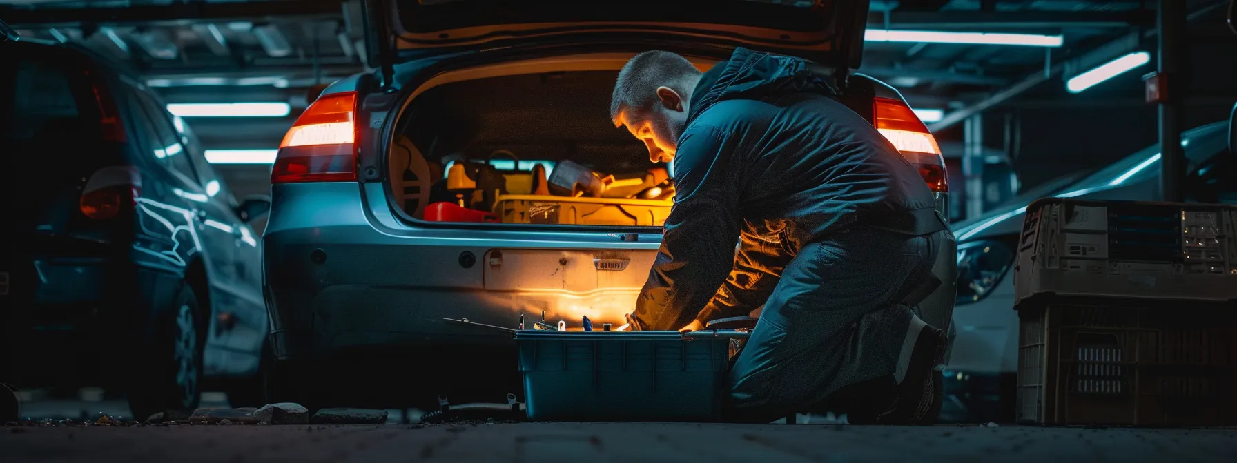 a locksmith using specialized tools to open a locked car trunk with precision and skill.