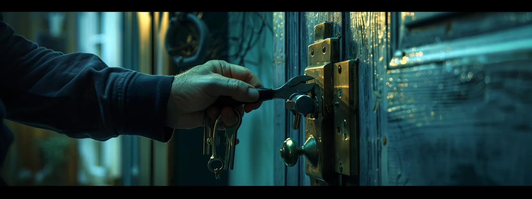 a locksmith swiftly unlocking a door with a tool in hand.