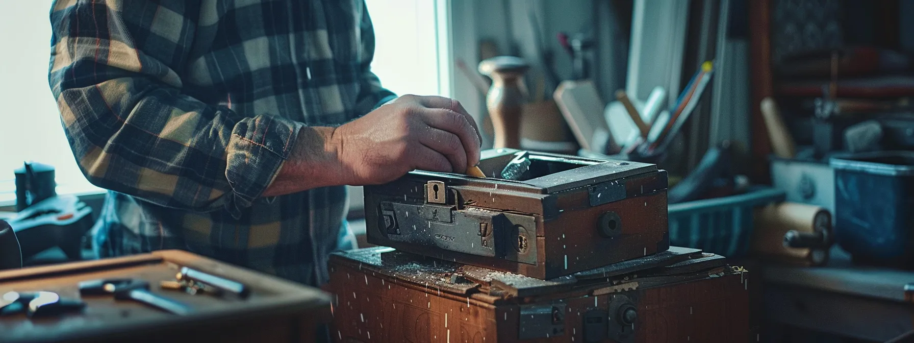 a person carefully examining a broken lock with a toolbox nearby, weighing the options between professional help and a diy approach.
