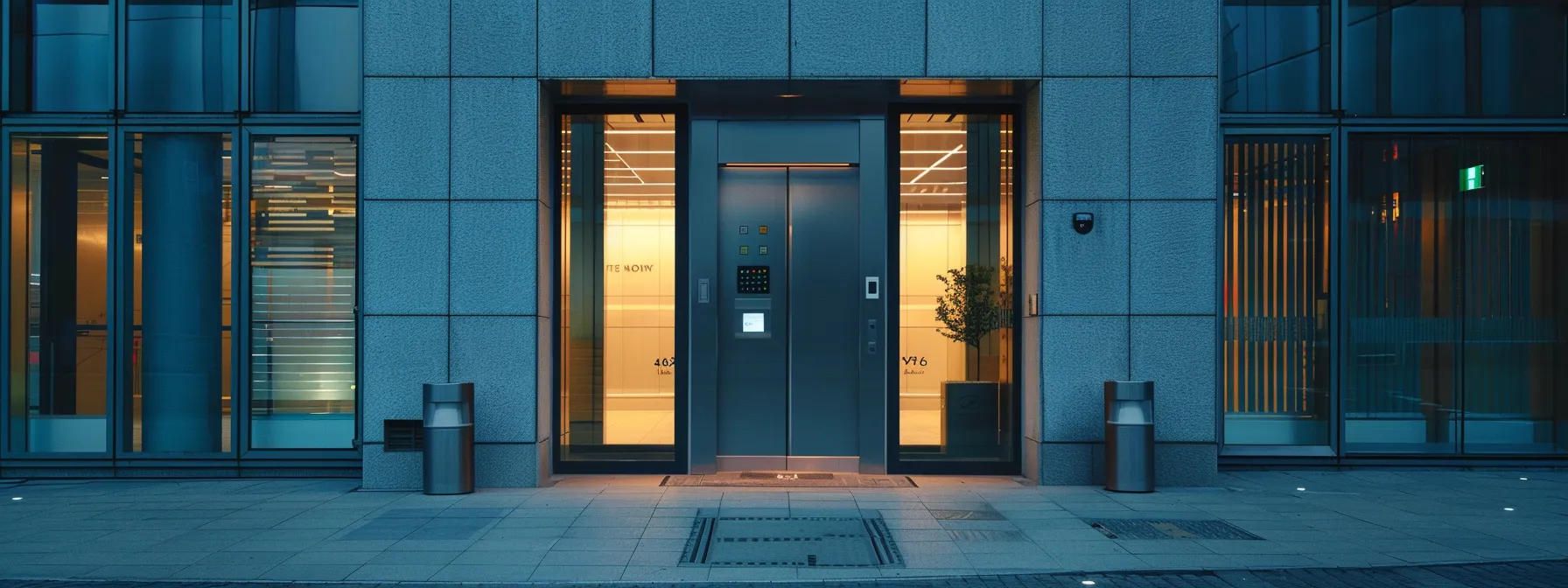 a modern building entrance with a digital keyless entry system in place.