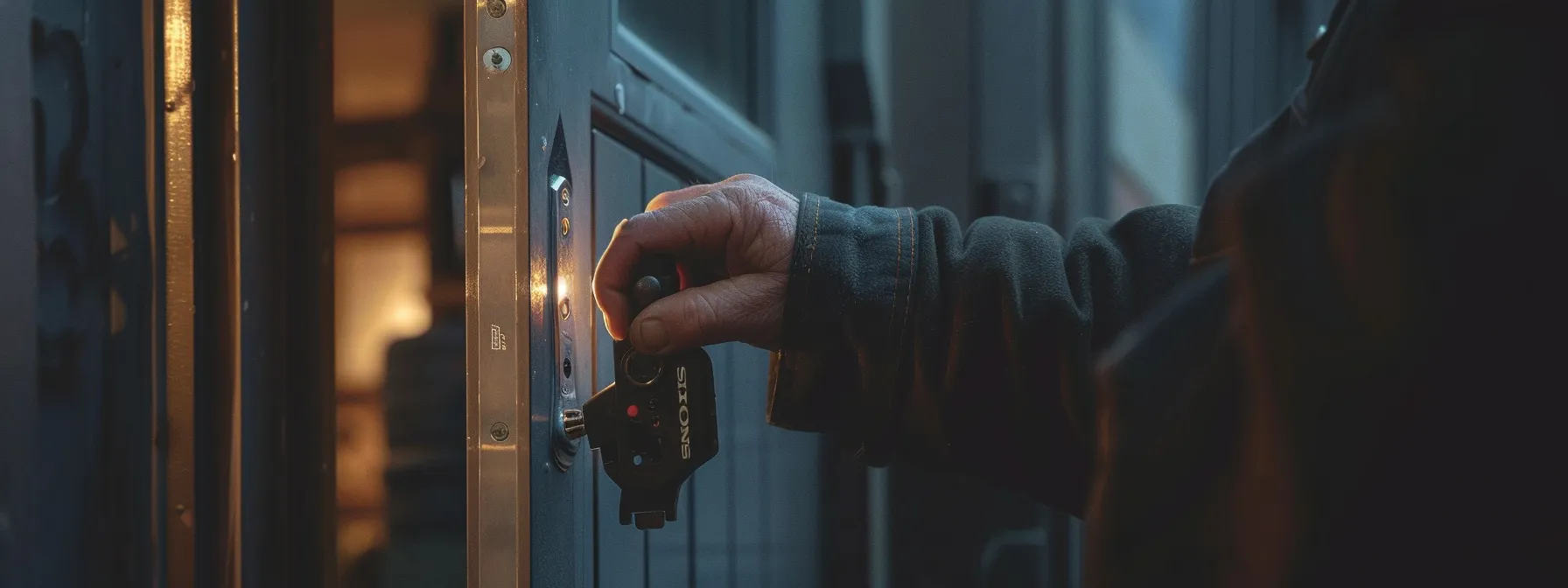 a locksmith using specialized tools to unlock a door, ensuring no damage is done to the entryway.