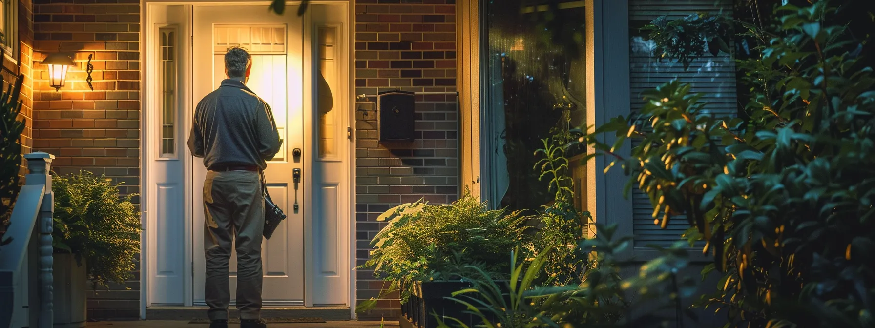 a local lockout service professional carefully assessing a home entrance to prevent a lockout disaster.