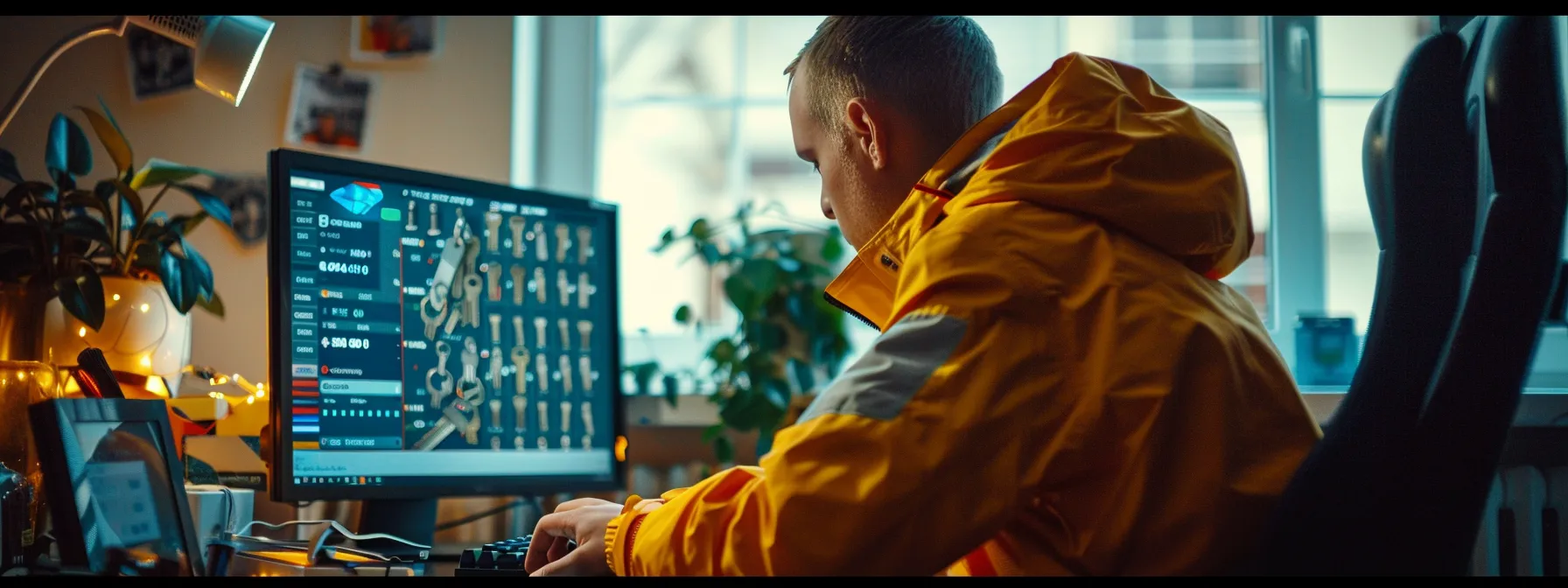 a locksmith comparing prices of key cloning services on a computer screen.